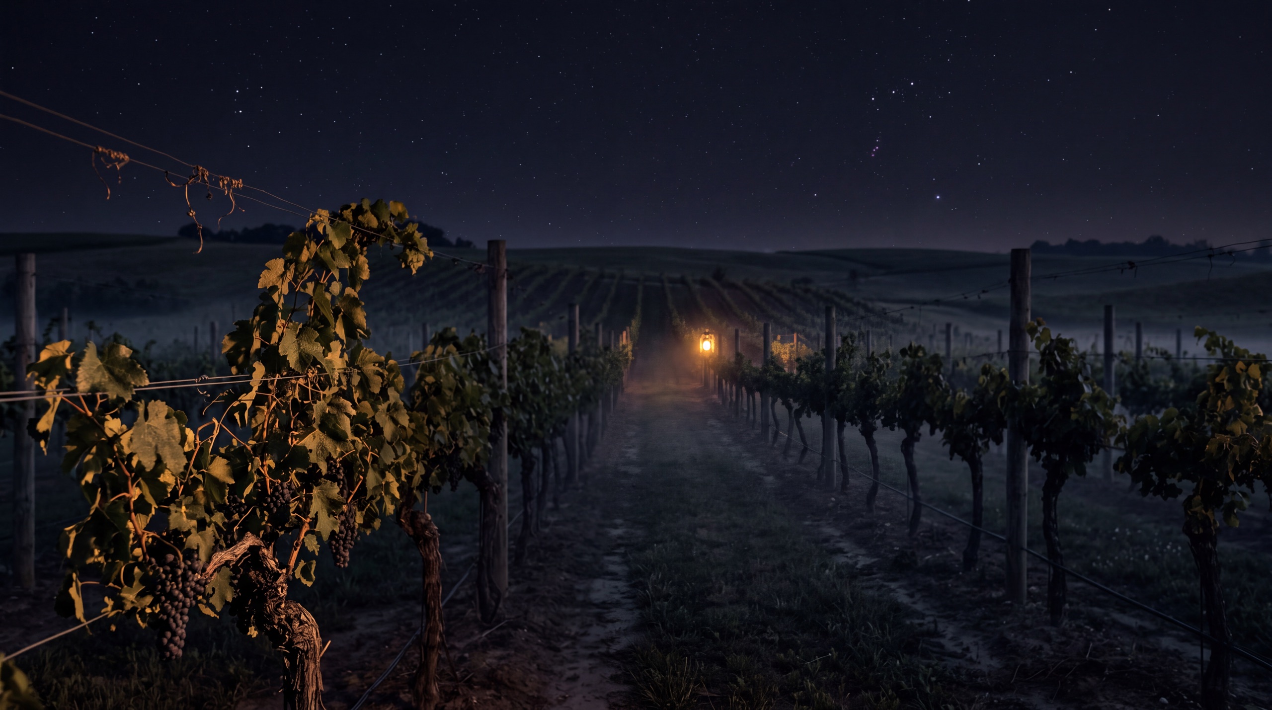 Vineyard rows at night with a distant lantern glowing gold