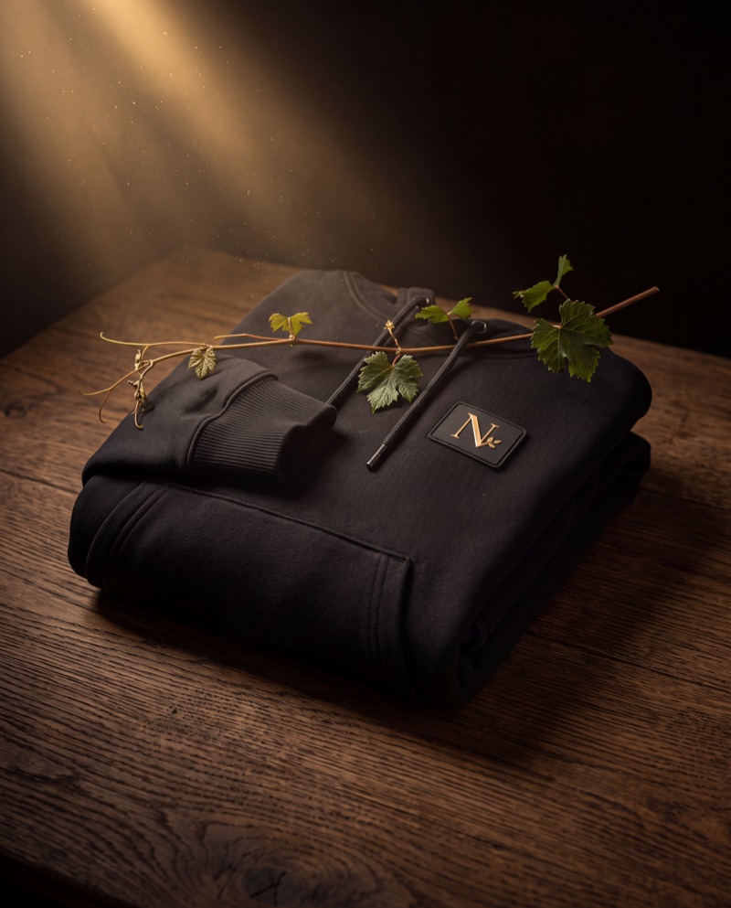 The Rooted Hoodie folded beneath a grapevine branch in warm light