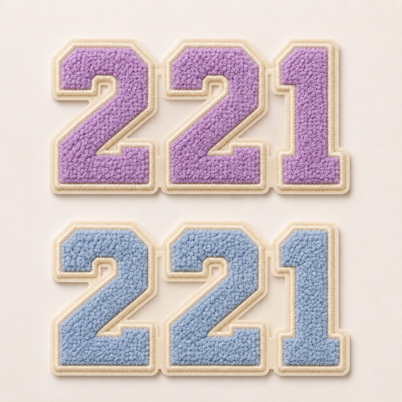 Chenille 221 numeral patches in lavender and powder blue
