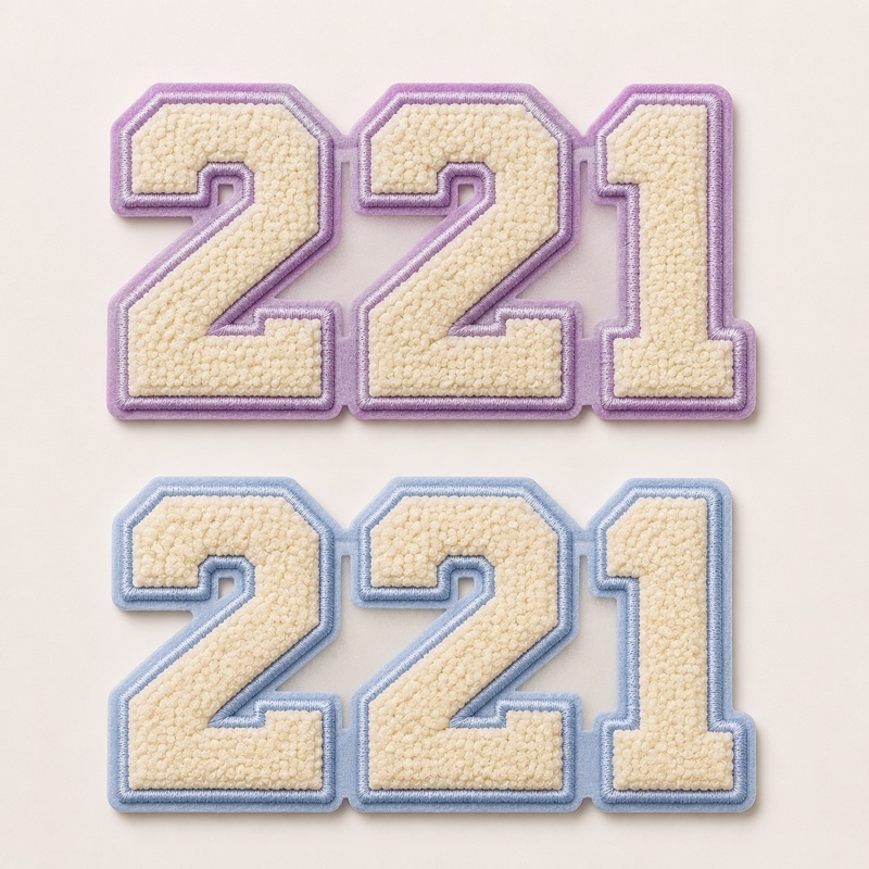 Cream chenille 221 numeral patches with lavender and powder blue borders