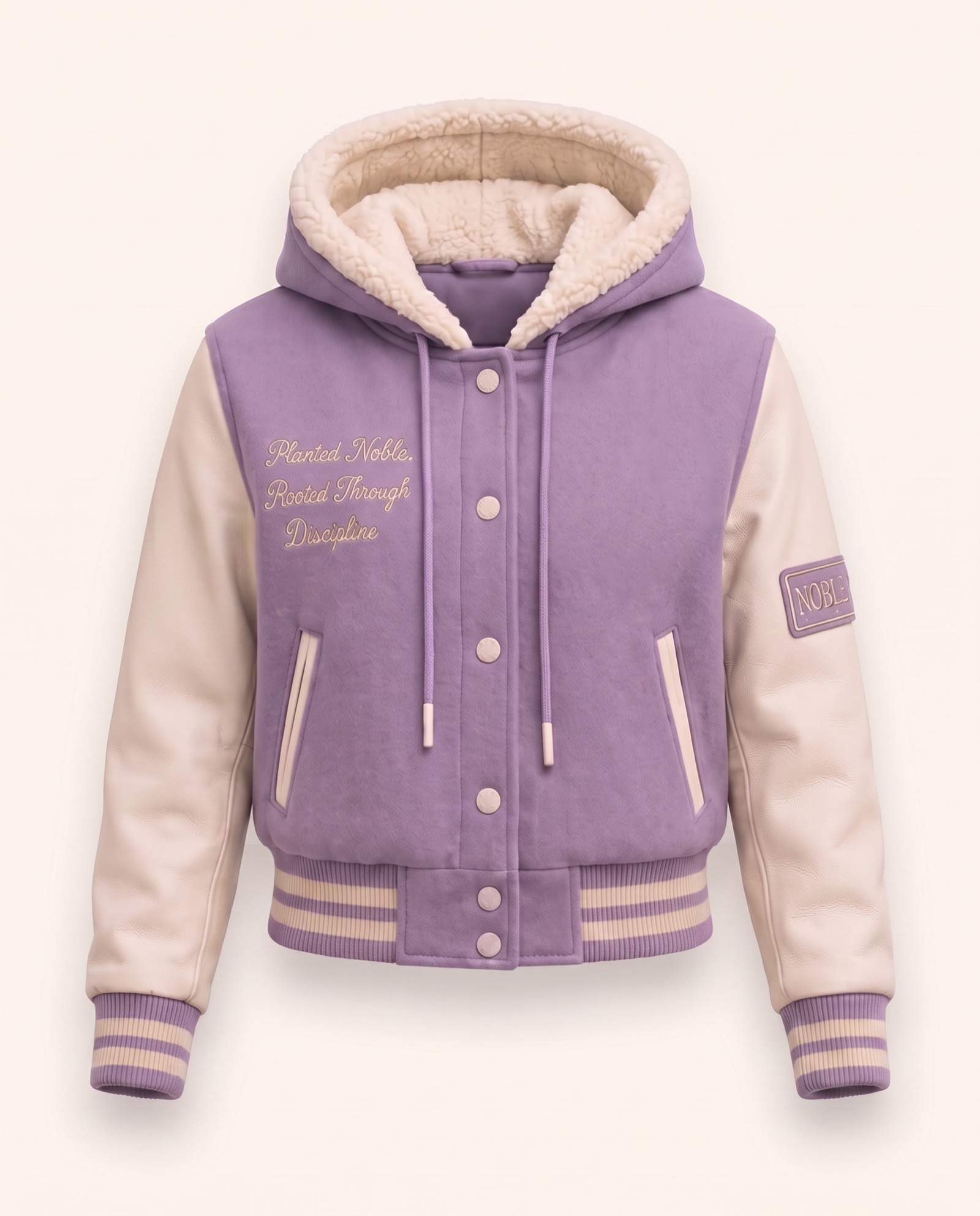 The 221 Varsity Jacket in Lavender with cream leather sleeves and sherpa hood