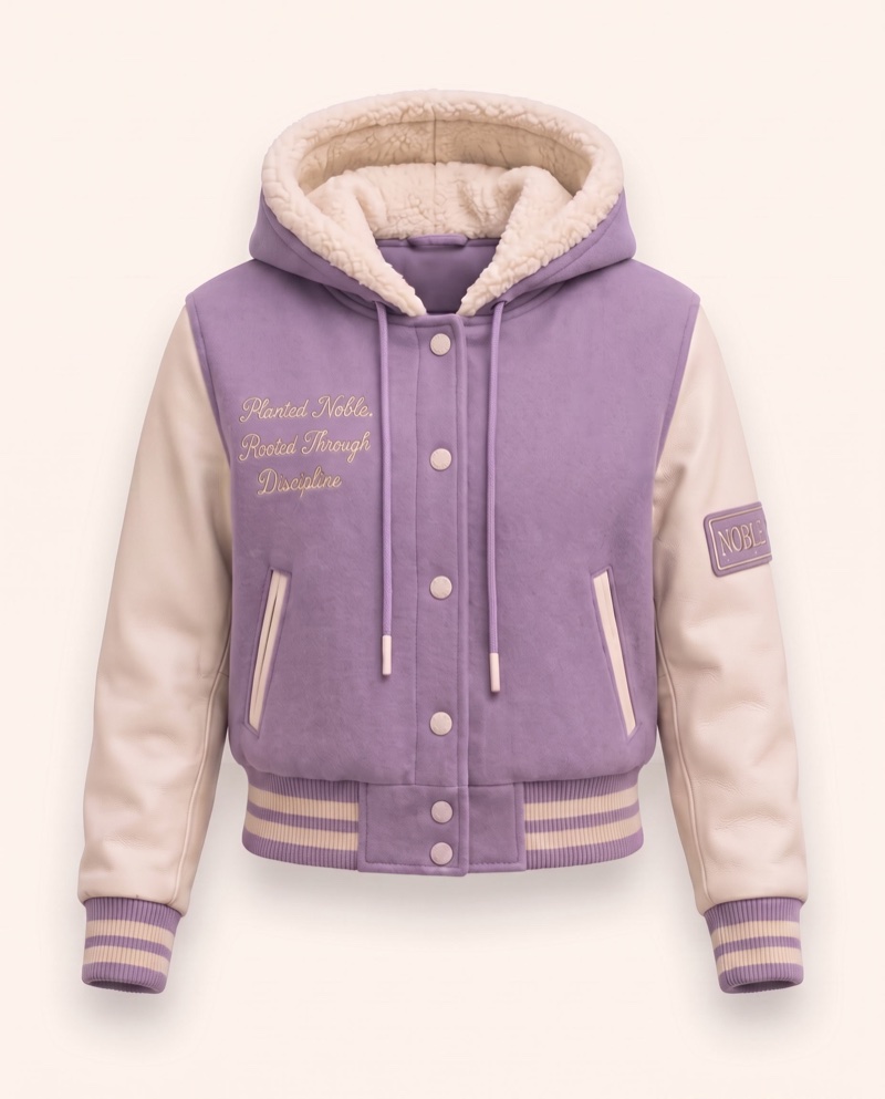 The 221 Varsity Jacket in Lavender with cream leather sleeves and sherpa hood